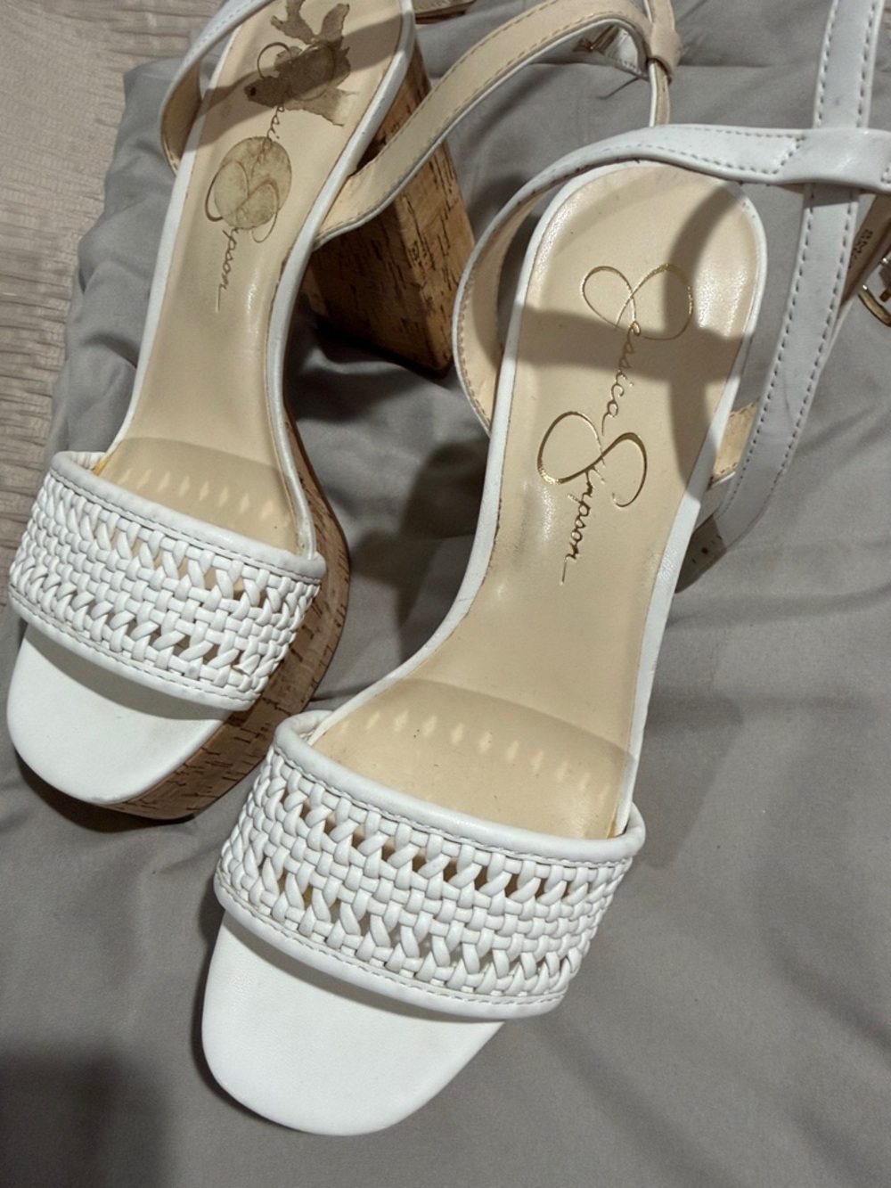 Jessica Simpson White Woven Cork Heel Sandals